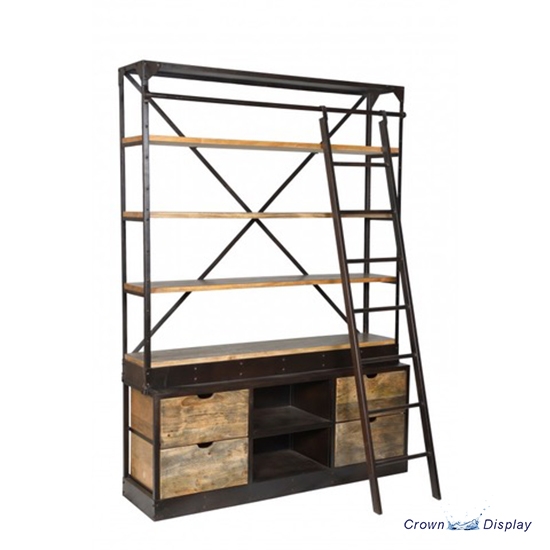 Industrial bookshelf with drawer & ladder