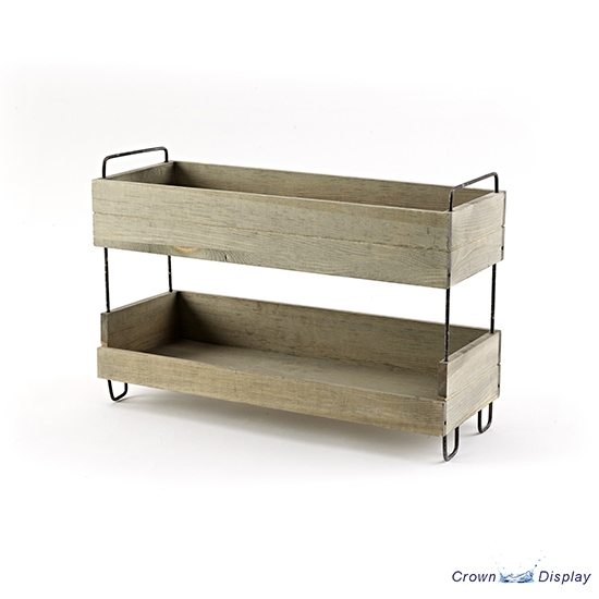 Wooden 2 Tier Narrow Display Tray with Metal Legs